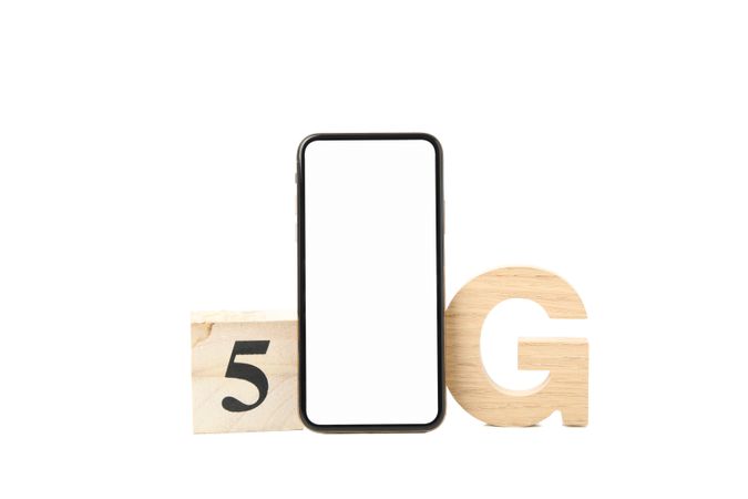 Phone with empty screen and 5g isolated on plain background