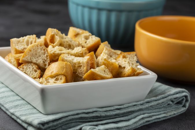 Delicious crunchy croutons on the table.