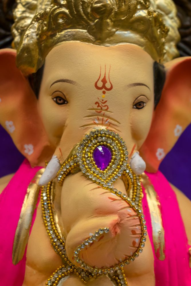 A beautiful idol of Lord Ganpati on display at a workshop in Mumbai, India for the festival of Ganesh Chaturthi