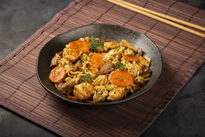 Yakisoba noodles. Yakisoba dish with meat, chicken and vegetables.