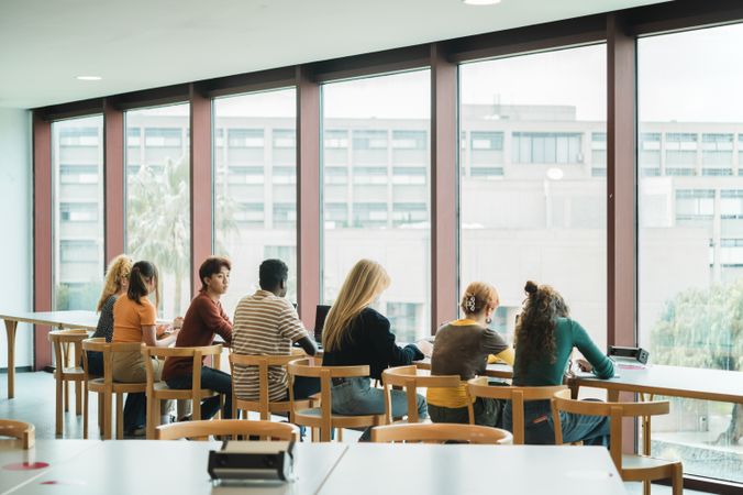Diverse classmates studying near window