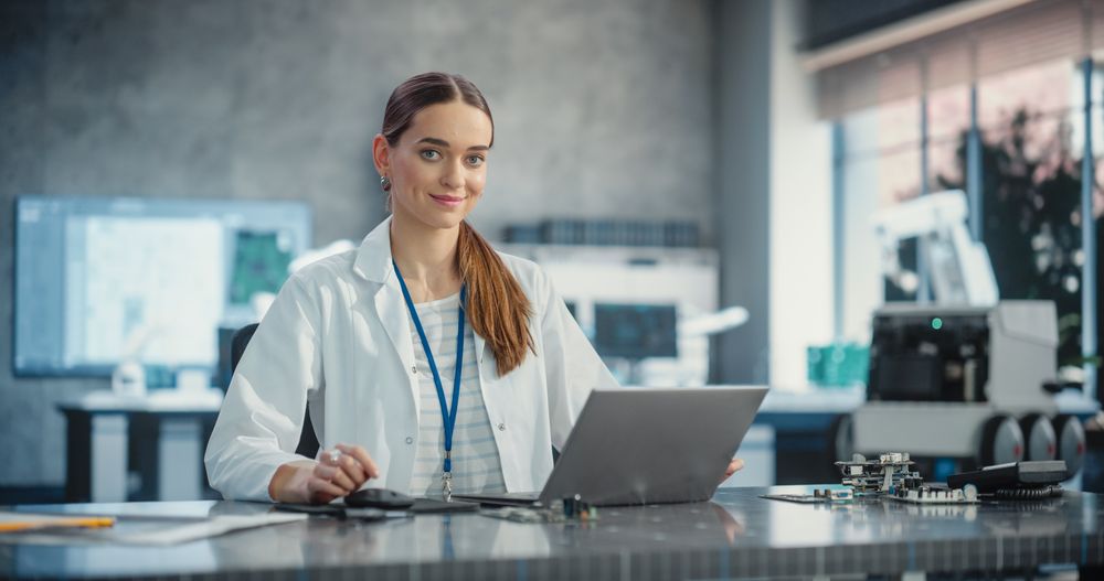 Portrait of Female Scientist Using Laptop Computer, Looking at Camera and Smiling in a Laboratory.