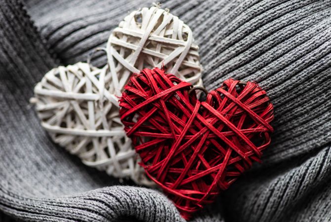 Heart decorations on grey knit
