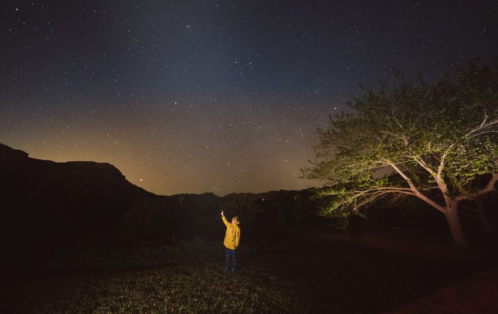 Boy enjoying starry night on grass
