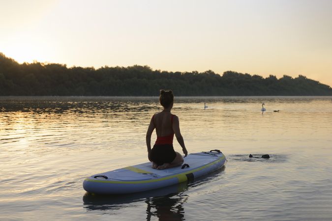 Woman sitting on paddleboard looking at two swans in lake