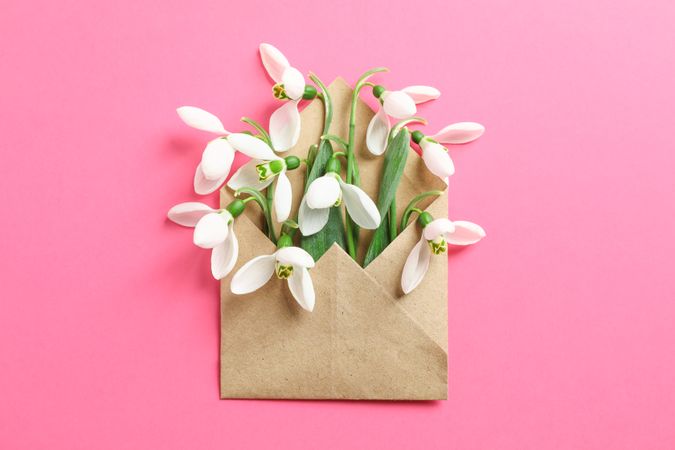 Envelope with snowdrop flowers on color background, space for text