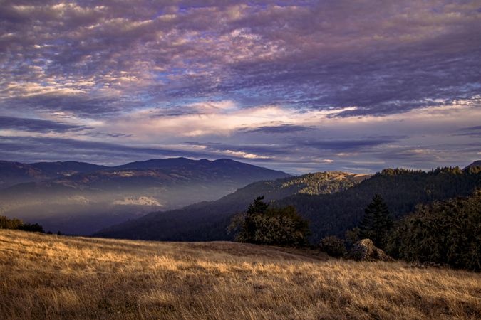 Field in the mountains with clouds in the sky