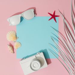 Beach accessories and palm leaves on pastel pink and blue background