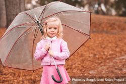 Girl in pink outfit holding an umbrella standing on autumn tree leaf 0J2wl0