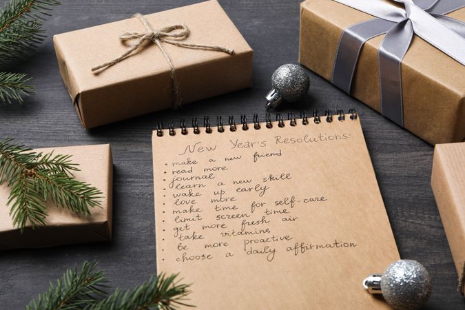 Concept of New Year Resolutions list, new year goals, close up