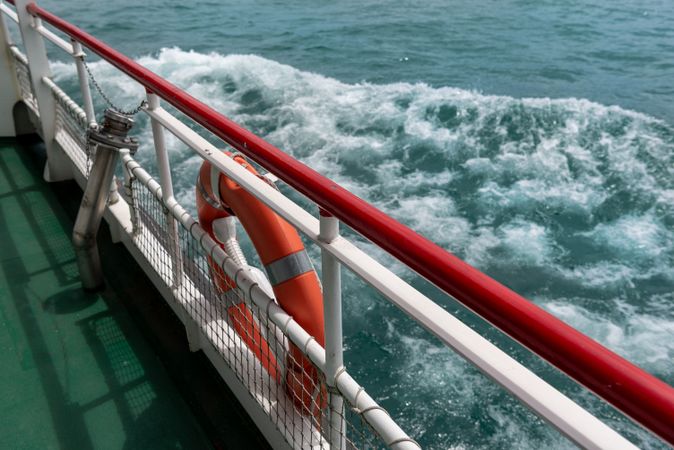 Close-up of a boat interior and waves on Lake Constance, in Germany