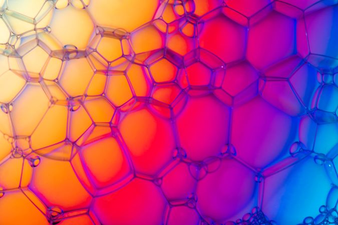 Abstract background bio technology, macro photography foam and water with gradient background. Molecule multicolor backgorund