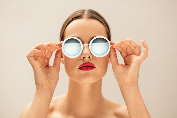 White female model with glasses shot in studio