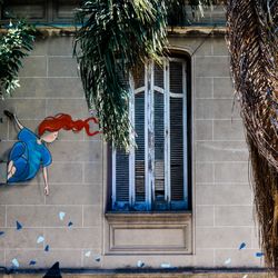 Window shutter seen from outside with tree and mural