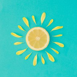 Lemon and yellow flower petals on bright blue background