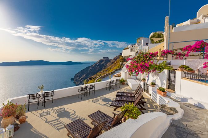 Beautiful patio in Santorini with views of the sea