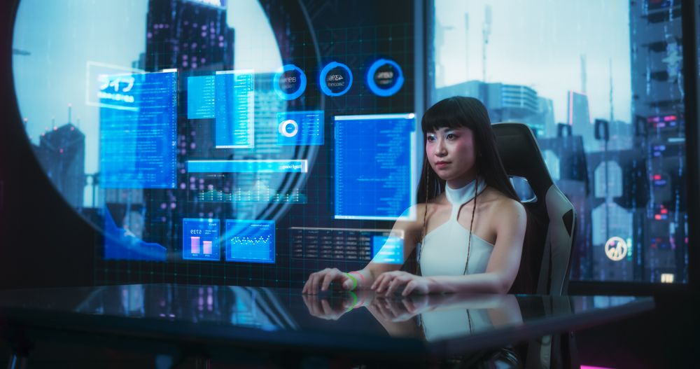 Stylish Japanese Young Woman Interacting with an Augmented Reality Hologram with Business Data
