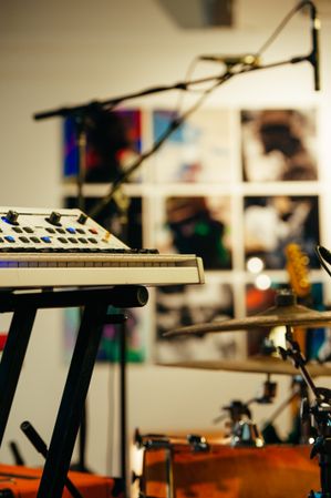 Los Angeles, CA, USA - September 15th, 2014: Close up of synth keyboard and drums