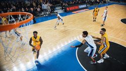 Cinematic College Basketball Tournament: Two Young Successful Diverse Teams Play a Championship Match in Modern Arena.