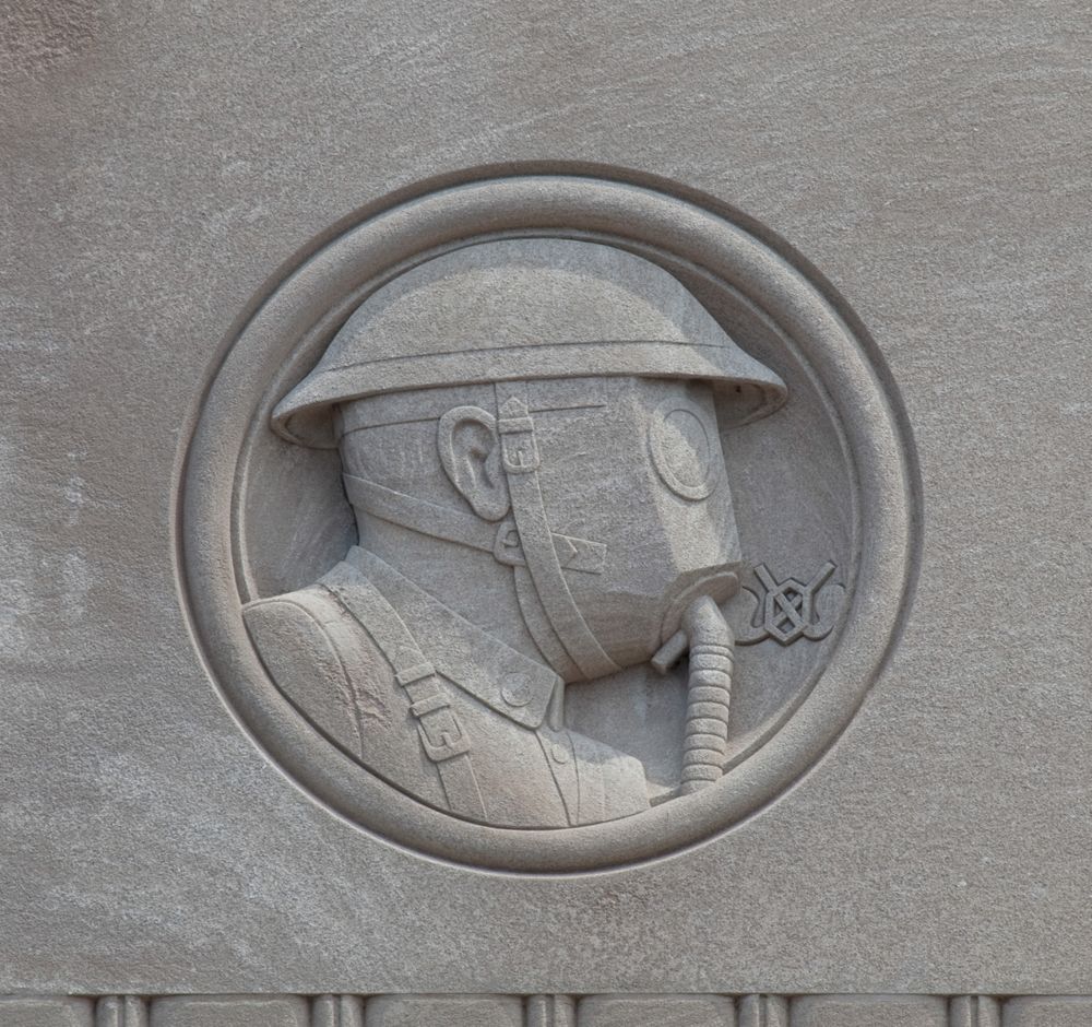 Silhouette of soldier in gas mask, Soldiers Memorial Military Museum, St. Louis, Missouri