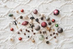 Flat-lay of holiday decorations, top view