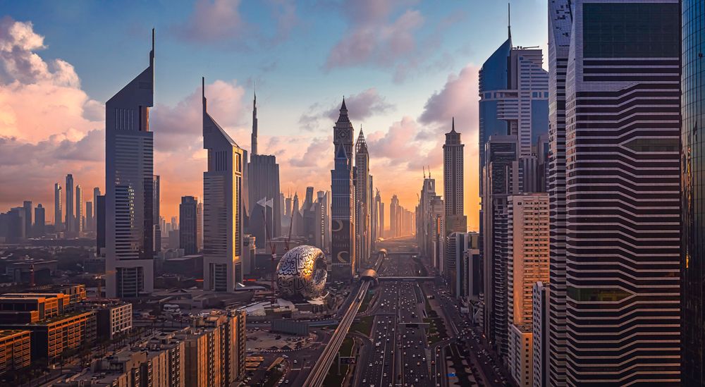 Cityscape of Dubai at sunset