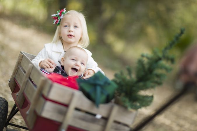 Baby Brother and Sister Pulled in Wagon with Christmas Tree