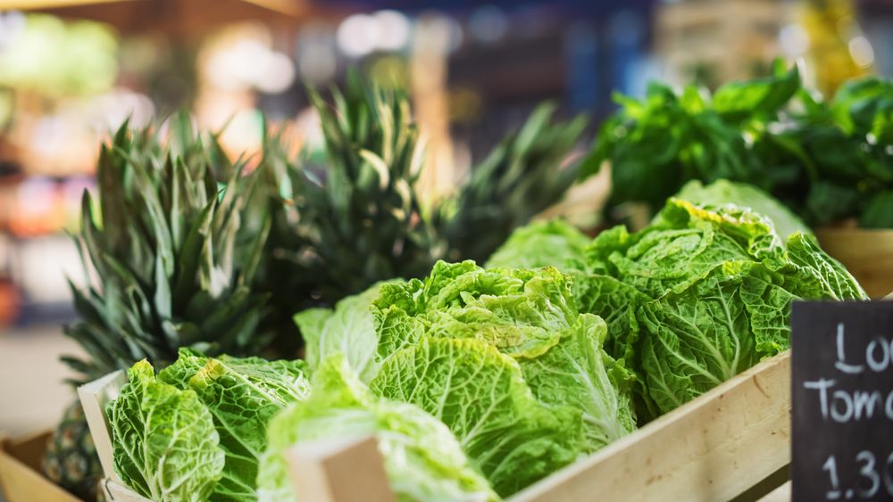 Organic Napa Cabbage and Pineapples on a Counter at a Farmers Market.