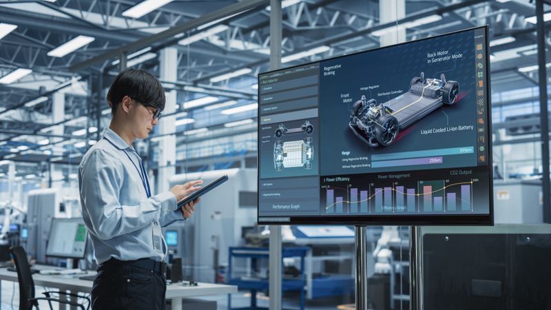 Asian man working from presentation screen