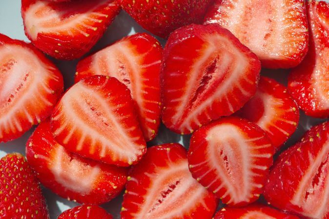 Close up top view of sliced strawberries