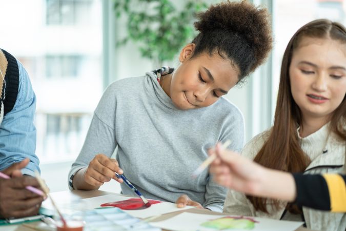 Girl in painting class, seated with friends