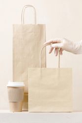 Gloved hand holding paper bag