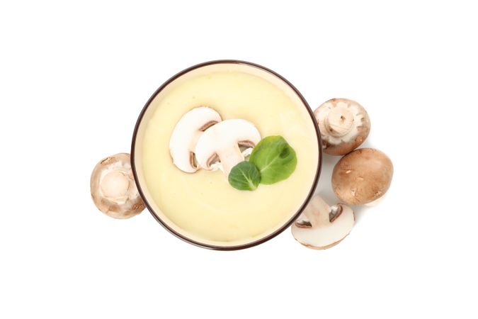 Looking down at top of mushroom soup with ingredients