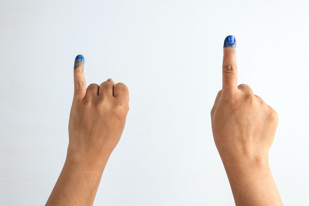 Two Hands with Purple Mark Voting Ink