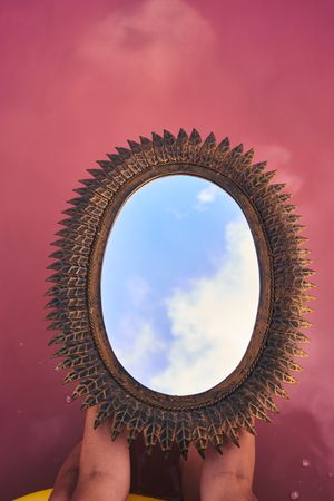 Female with decorative mirror above pink lake water