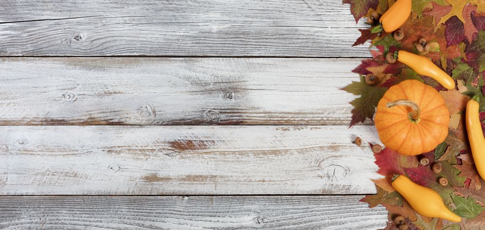 Seasonal vegetables with Autumn foliage on rustic wooden boards