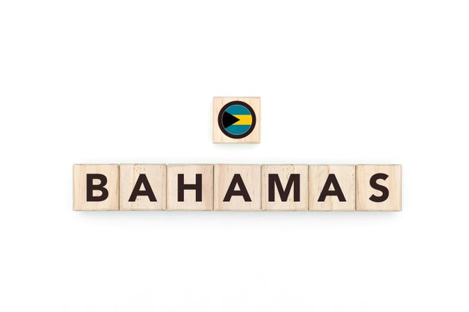 Wooden blocks bearing the name and flag of Bahamas.