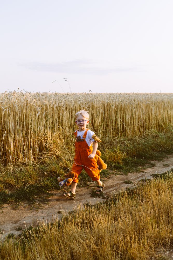 Cute little kid smiling while strolling on path near wheat field