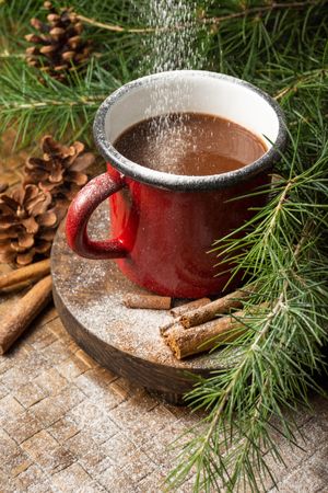 Hot chocolate in red mug surrounded by Christmas decoration