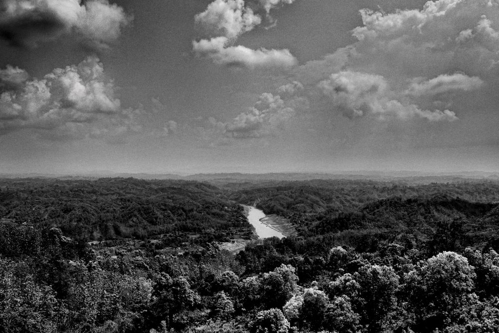 Grayscale photo of trees and mountain under cloudy sky in Germany