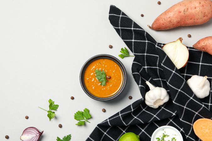 Concept of tasty food, sweet potato puree, space for text
