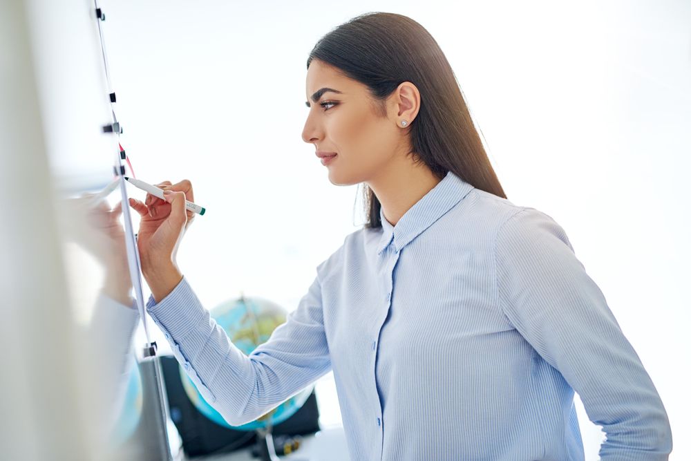 Female entrepreneur working off a dry erase board in bright office