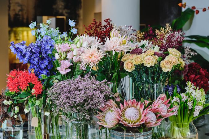 Bouquets of various flowers in floral shop