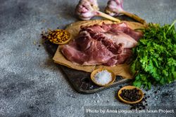 Meat, spices and herbs on cutting board bGRoBX