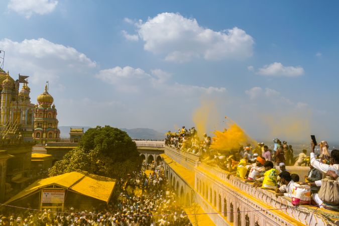 Jejuri, Maharashtra, India - Dec 30, 2024: Palkhi of Lord Khandoba at the famous and beautiful Khandoba temple at Jejuri during the festival of Somvati Amavasya