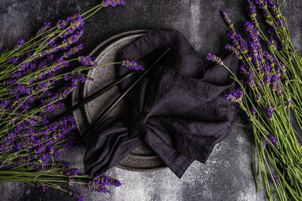 Top view of table setting with lavender flowers