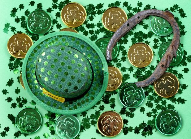 St Patrick’s Day with traditional lucky items on green background