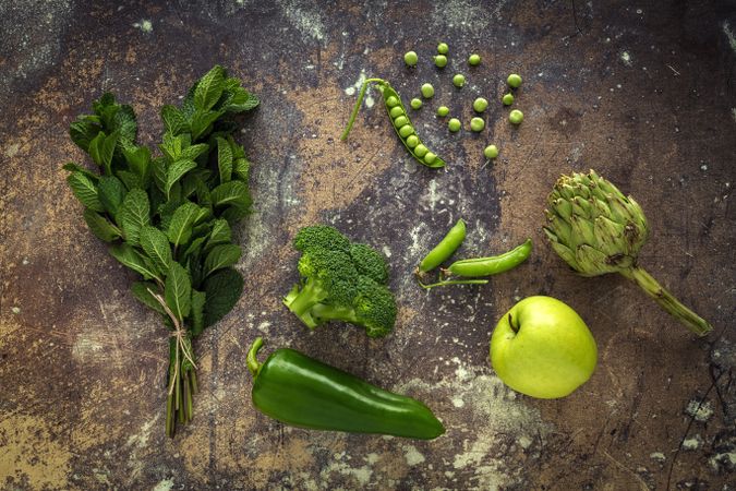 Mix of fruits and vegetables in green color