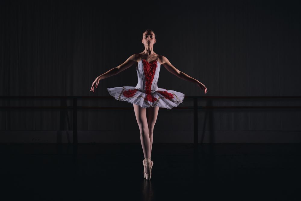 Graceful female ballerina standing on tiptoes in pointe shoes