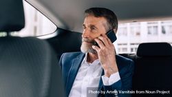 Mature man with grey beard on phone in backseat of car 4jDax0